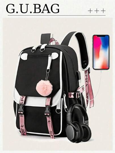 Large Capacity Backpack With USB Port, Fashionable Black & Pink Backpack Suitable For Teenagers, High School And College Students Classic Long Wallet, Faux Leather Multi-Function Wallet, Large Capacity Zipper Wallet Collegiate Style Backpack, Back To School Essential