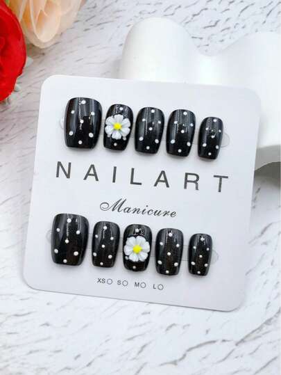 10片手工美甲贴纸，黑白短梯形，时尚花香风格，法式美甲贴纸，美甲贴花，适合新年、情人节、UV凝胶美甲、夏季，可佩戴美甲，优雅别致的设计，高端法式风格，凝胶美甲，闪粉，猫眼效果
