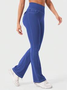 YEOREO CoreFlex Women Workout Mini Flare Leggings With Pockets Hidden Scrunch Cargo Gym Casual Denim-Look Yoga Pants Summer Clothes For Women - Xanh coban - Xem 11