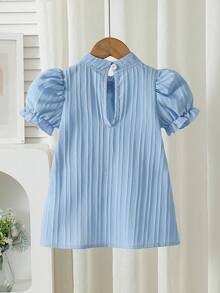 Vestido de verano para niñas pequeñas con estilo, vestido de unicolor de manga corta con decoración de lazo y cierre trasero con botones - Lavado ligero - Ver 3
