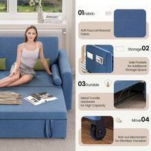 Jooli H 2 Seater Sofa Bed, 3-In-1 Convertible Pull Out Sleeper Sofa With 3-Position Adjustable Backrest, Side Pockets For Living Room, Guest Room, Blue - Blue - Two-seater - View 5