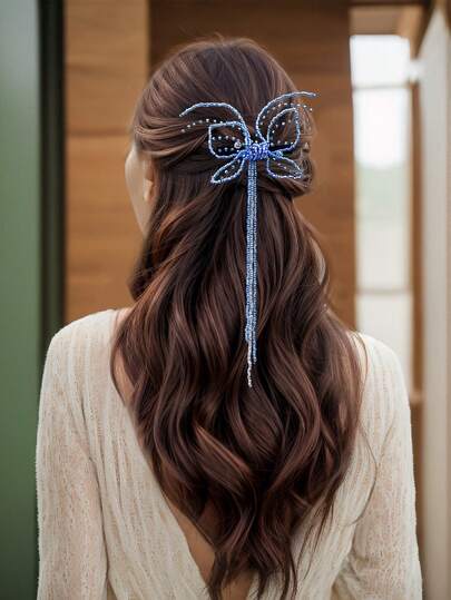 1pc Elegant Blue Butterfly Long Tassel Hair Clip, Beaded Ethereal Minimalist Barrette, Suitable For Bride, Wedding, Date, Travel, Party, Gift, Casual Wear