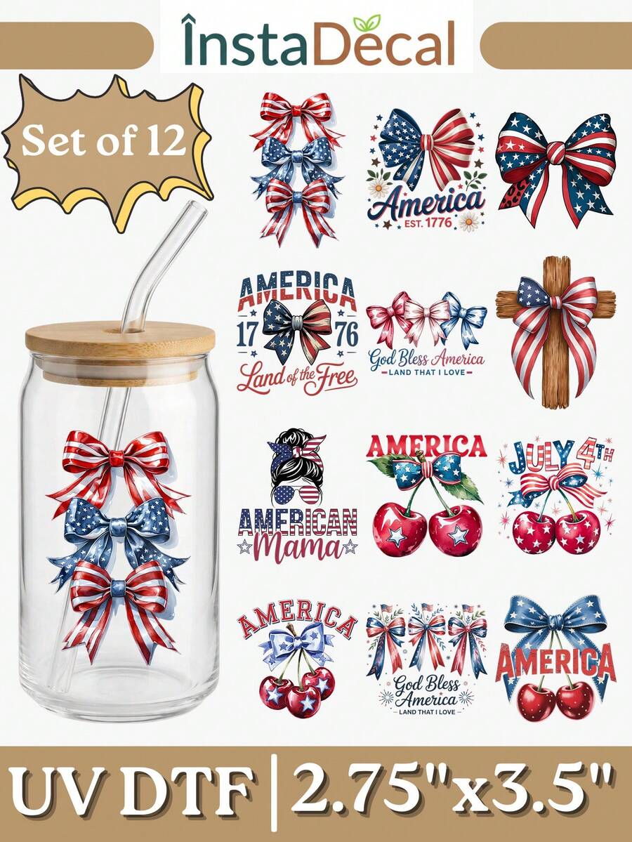 12pcs/Set 4th Of July Patriotic UV DTF Transfer Stickers (2.75x3.5 Inches), No Heat Needed, American Flag, Independence Day, Cute Bow, Raccoon, Highland Cow Patterns, Fun Red White Blue Waterproof Heat Transfer Stickers For Cups, Laptops, DIY Gifts - USA 04 - View 1