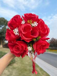一套伴娘捧花 - 绿叶玫瑰蝴蝶结 - 婚礼抛捧花 - 浪漫伴娘拍照手捧花 - 户外婚礼新娘捧花，玫瑰花束可用作求婚和告白道具 - 适合豪华成人仪式和婚礼舞会 - 紅色 - 查看 9