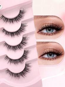 ENCHUW 5 Pairs Lashes With Clear Band Fluffy False Lashes Pack Natural Look False Eyelashes Wispy Eyelashes Curly Makeup Eyelashes For Daily Wear - Black - View 4