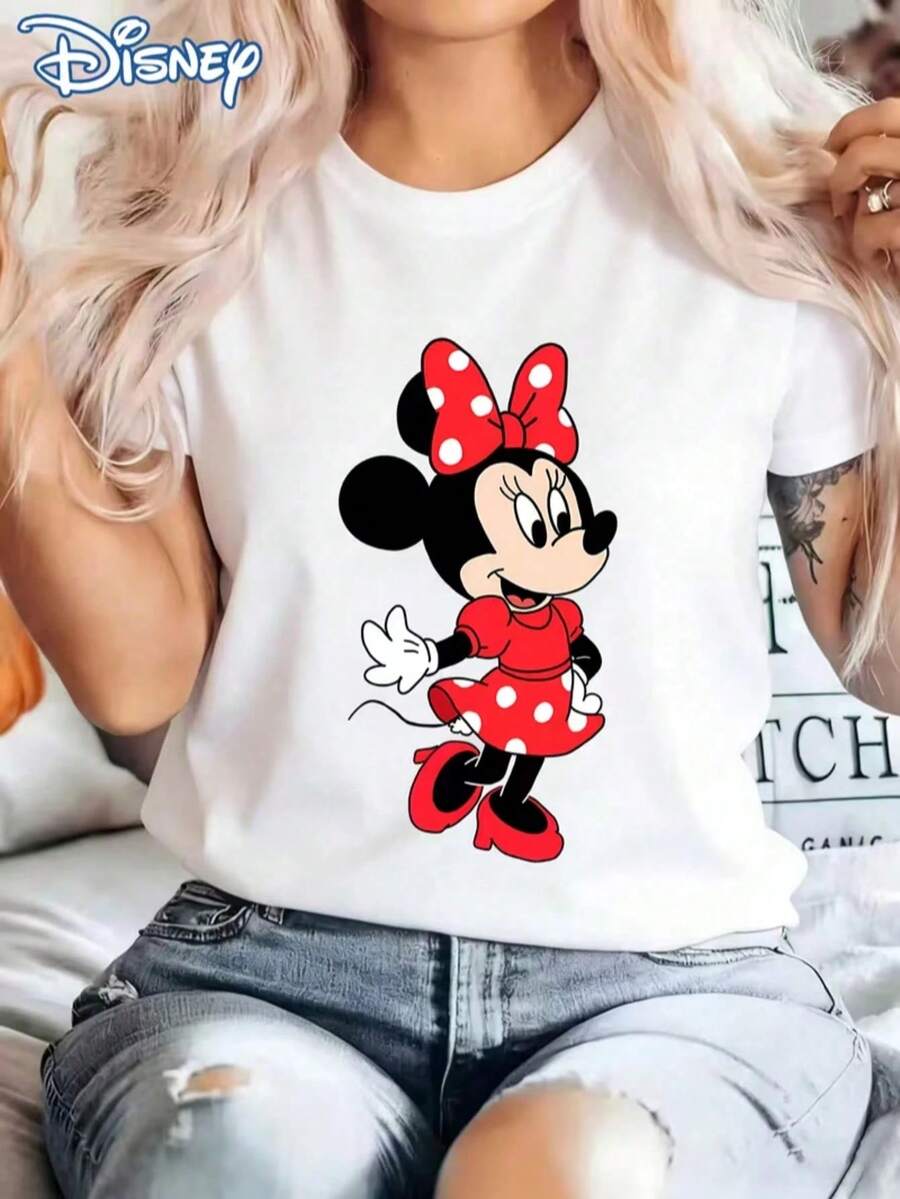 Disney Women's White Minnie Mouse T-Shirt With Round Neck, Short Sleeve Casual Cotton Top, Regular Fit For Everyday Comfort - White - View 1