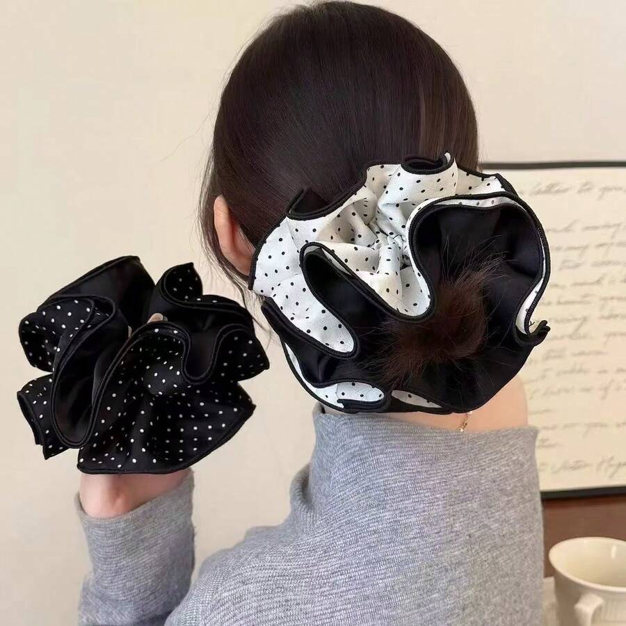 Double-Sided Patchwork Double-Layer Ruffled Polka Dot Scrunchie, Extra Large High Elasticity, Retro Elegant Hair Tie For Women