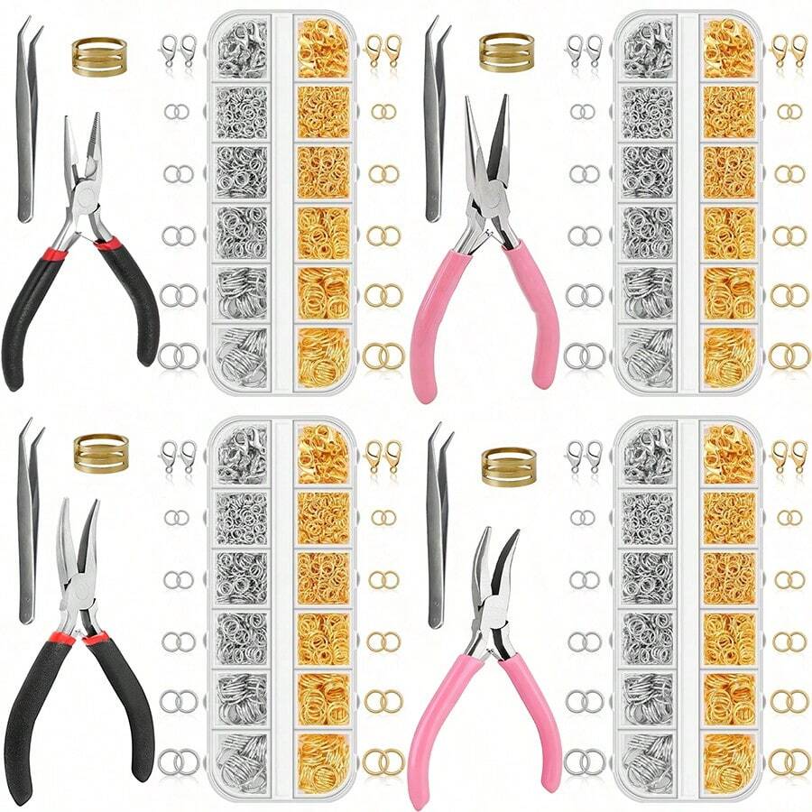 930件套珠宝制作材料，包括珠宝制作和项链维修用开口圈、带扣项链维修工具套装、开口圈钳、镊子、龙虾扣、用于工艺品和钥匙扣的珠宝开口圈（银色和金色） - 彩色 - 查看 1