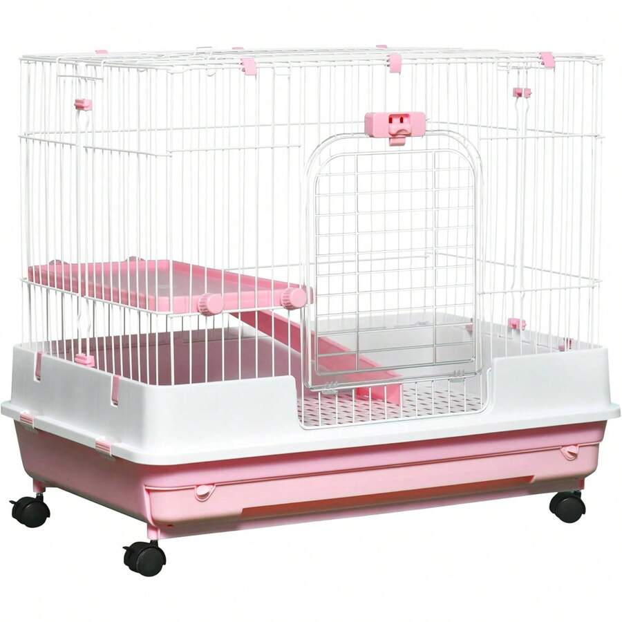 2-Level Small Animal Cage Rabbit Hutch With Wheels, Removable Tray, Platform And Ramp For Bunny, Chinchillas, Ferret, Pink - Black - View 1