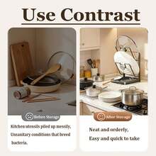 1 pieza Organizador de tapa de olla de cocina multifuncional, hecho de acero al carbono grueso, con bandeja de goteo extraíble y soporte para utensilios, diseño de ranuras en forma de U de 2 niveles para sostener diferentes tapas de ollas, espátulas y cucharas, solución de almacenamiento de cocina resistente a la oxidación y duradera - Multicolor - Ver 3