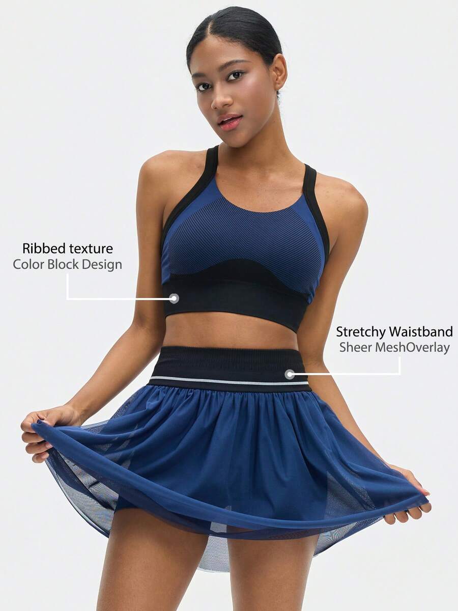 Leorrey Women's Fashion Contrast Color Ribbed Crew Neck Hollow-Out Back Camisole High Waist Mesh Pleated Anti-Exposure Lining Skirt Set - Blue - View 1