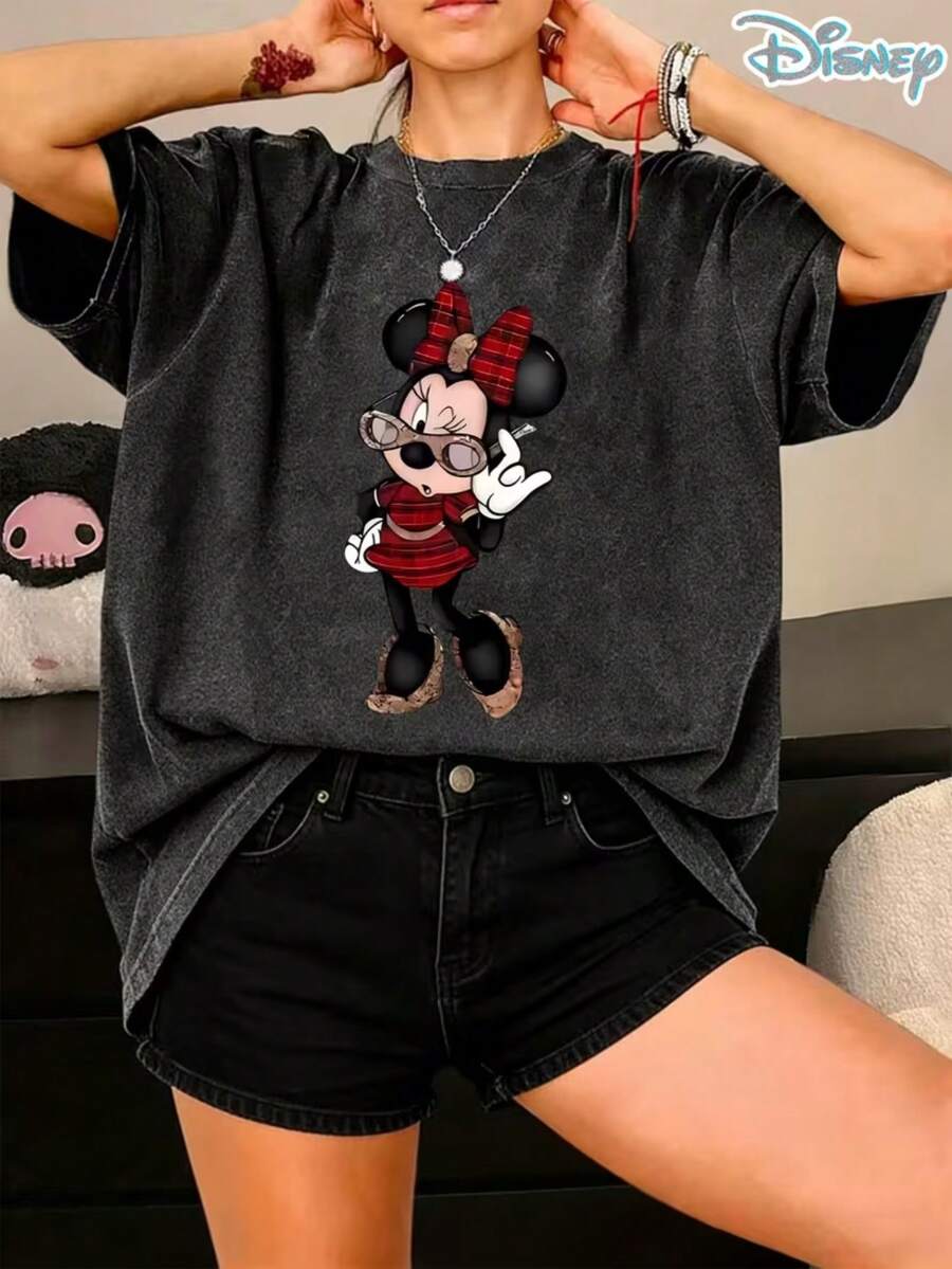 Disney Women's Vintage Minnie Mouse Print T-Shirt - Official Retro & MinnieFace Round Neck Tee, Casual Casual Attire, Machine WashableComfortable Fit Suitable For Parties, Outfits & Themed Events - màu đen - Xem 1