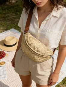 女士草编腰包，可调节肩带，波西米亚风格，适合夏季海滩、度假和日常使用，母亲节礼物，旅行必备单品 - 彩色 - 查看 5