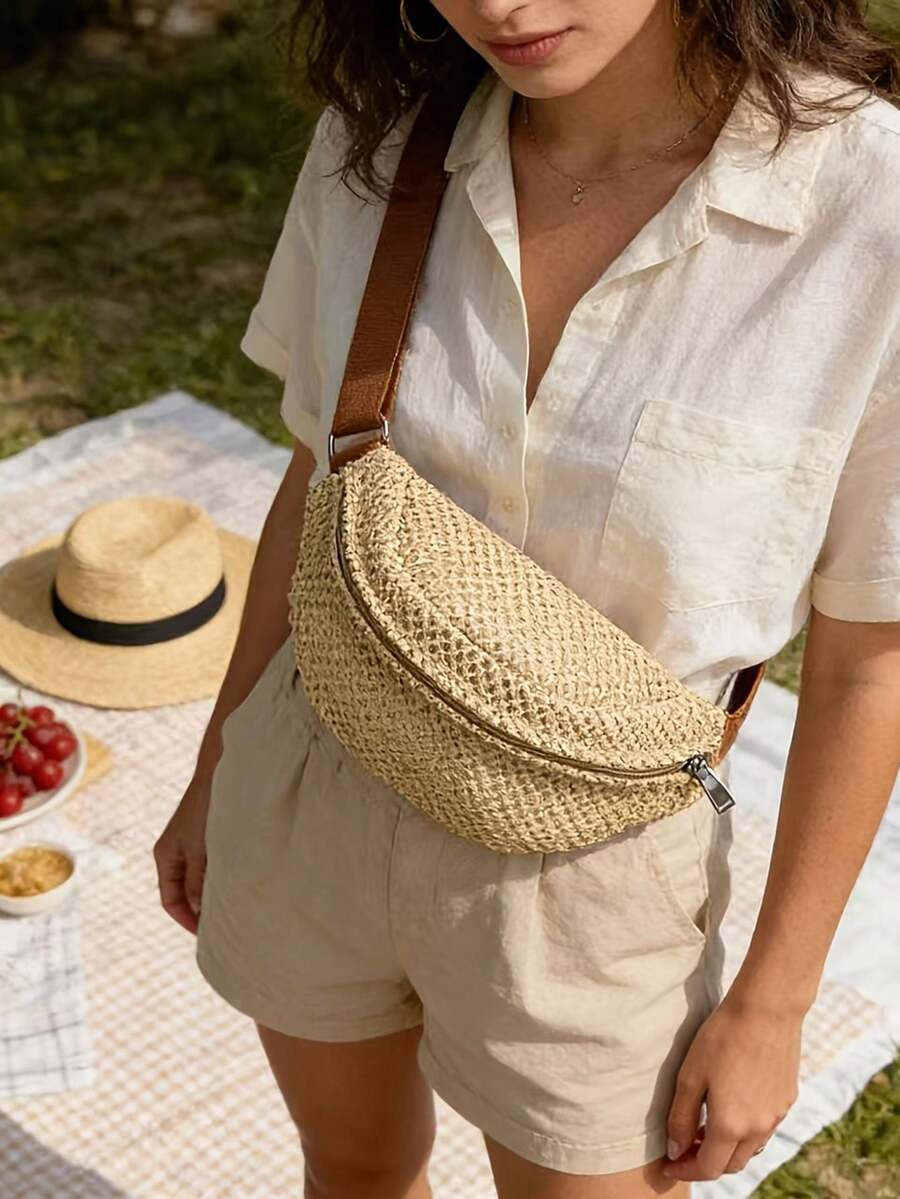 Women's Straw Waist Bag, Adjustable Strap, Bohemian Style, Suitable For Summer Beach, Vacation And Daily Use, Mother's Day Gift, Travel Essential - Multicolor - View 1