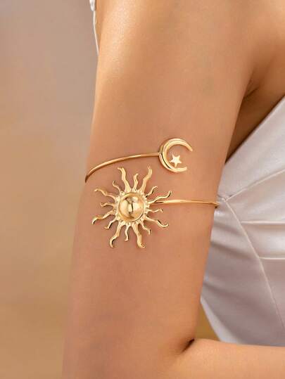 1pc Fashionable Minimalist Sun Moon Star Metal Gold Armband, Versatile Accessory Suitable For Women Vacation Wear