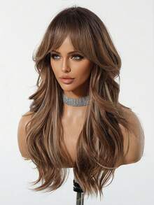 Perruque ondulée de 22 pouces de long avec frange sur le côté, racines foncées, perruque brune pour femmes avec ombré brun et blond. Perruque synthétique résistante à la chaleur pour usage quotidien, fête et cosplay - Brun ombré - Voir 5