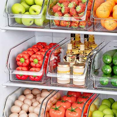 1pc/2sets Transparent Durable Storage Boxes, Stackable Large Capacity Storage Bins, Suitable For Refrigerator, Freezer, Cabinet, Pantry, Kitchen Storage Boxes And Cabinets, Kitchen Accessories, Refrigerator Organizer Boxes, Snack Boxes, Spice Jars, Valentine's Day & Back To School Gifts