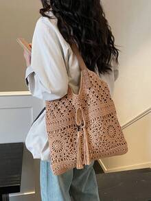 Handmade Crochet Beach Vacation Style Casual Women Shoulder Bag - Khaki - View 7