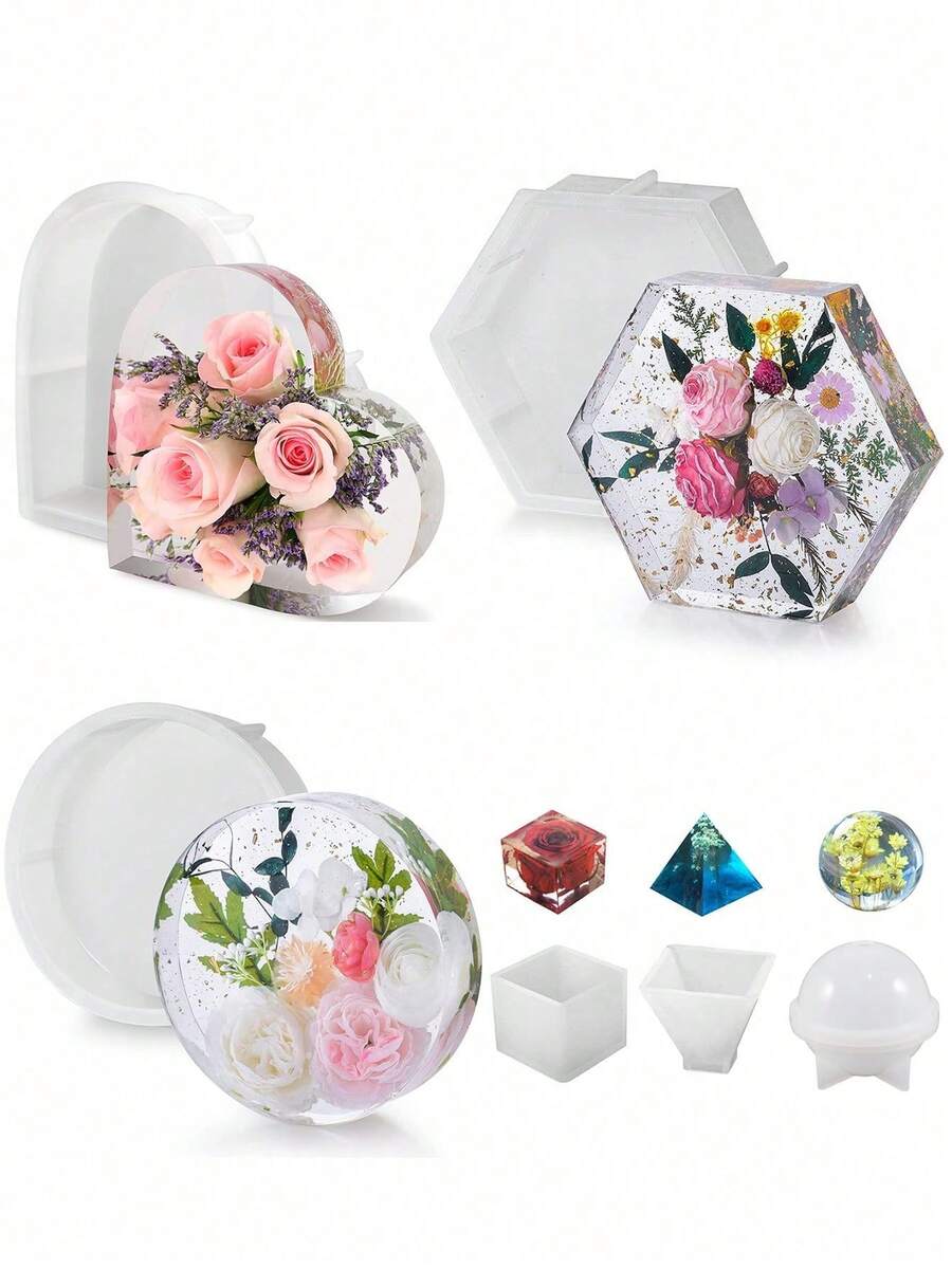 Large Resin Mold, Silicone & Epoxy Resin Casting Craft Mold, Flower Preservation, Bookend, DIY Art (Hexagon + Heart + Round), Valentine's Day