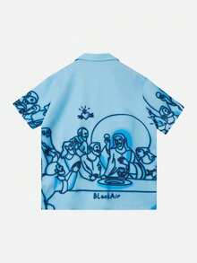 男士现代涂鸦印花衬衫，宽松版型，浅蓝色宗教艺术印花，方形涂鸦风格 - 彩色 - 查看 5