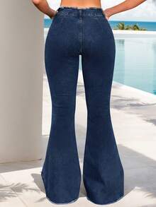 Pantalones vaqueros acampanados para mujer en azul deslavado, con bajos deshilachados y estilo casual vintage, Jeans - Azul - Ver 2
