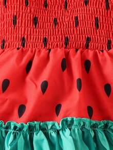 1pc Newborn Baby Cute Colorblock Polka Dot Suspender Ruffle Dress, Bohemian Vacation Style - Red - View 5