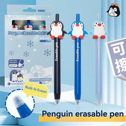 3D Cartoon Penguin Retractable Erasable Pen, 0.5mm Gel Ink Refill, Smooth Writing, Comfortable Grip, Cute Decorative Figurine, Multiple Color Options, Suitable For Students, Daily Writing, Note-Taking, Journaling, Fun Design To Enhance Learning Interest, Great For School Supplies And Children's Gifts