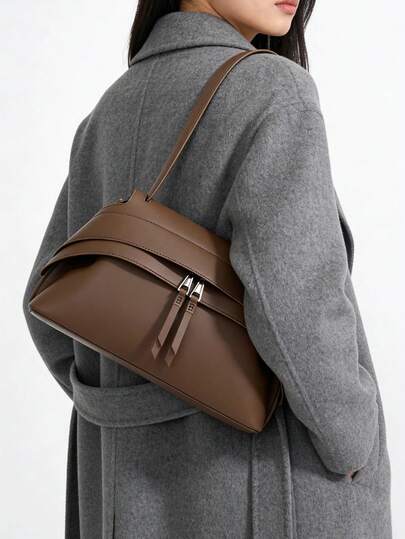 女士时尚纯色简约双拉链斜挎包，通勤必备。