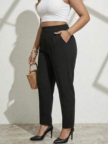 Pantalón de talla grande para mujer con detalles de bolsillo, de talla XL a 5XL, de tela suave - Negro - Ver 3