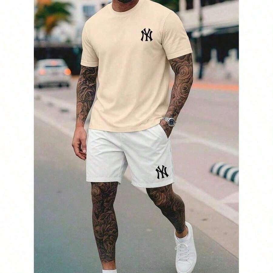 Kit: 100% Premium Cotton T-Shirt + Shorts Set. NY Premium Cotton Shirt - New Release Promotion. - Màu be - Xem 1