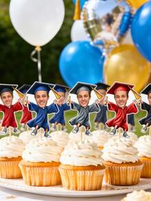 1/10/25/50/100/150 Pcs Customizable Graduation-Themed Cupcake Inserts, Personalized Face Cupcake Toppers, Custom Face Cupcake Decorations, Custom Cupcake Decorations With Different Face Photos, Graduation Cake Decoration Party Hat Cupcake Toppers. - Multicolor - View 4
