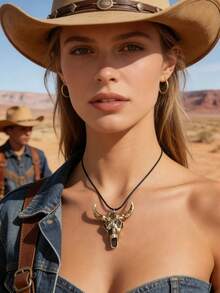 1 pièce Collier pendentif tête de taureau style cowboy occidental unique, collier en cordon vintage à bordure dorée punk - Multicolore - Voir 3