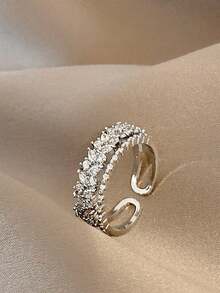1pc Exquisite Luxury Sparkling Double-Layer Zirconia Starry Sky Open Ring, Unique Design Elegant Charm For Women - Silver - View 4