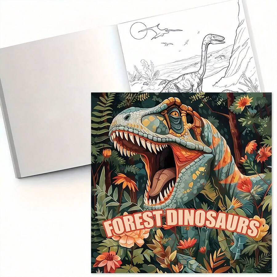 1pc Forest Dinosaurs Coloring Book Realistic T-Rex Painting Book, Jurassic Prehistoric World Animal Drawing Notebook For Boys Adults Stress Relief Books - Multicolor - View 1