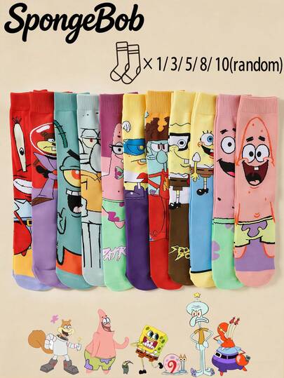  1/3/5/8/10 Pairs Random SpongeBob SquarePants Cartoon Crew Socks, For Streetwear & Casual Looks, Cute For School Uniform & Daily Wear