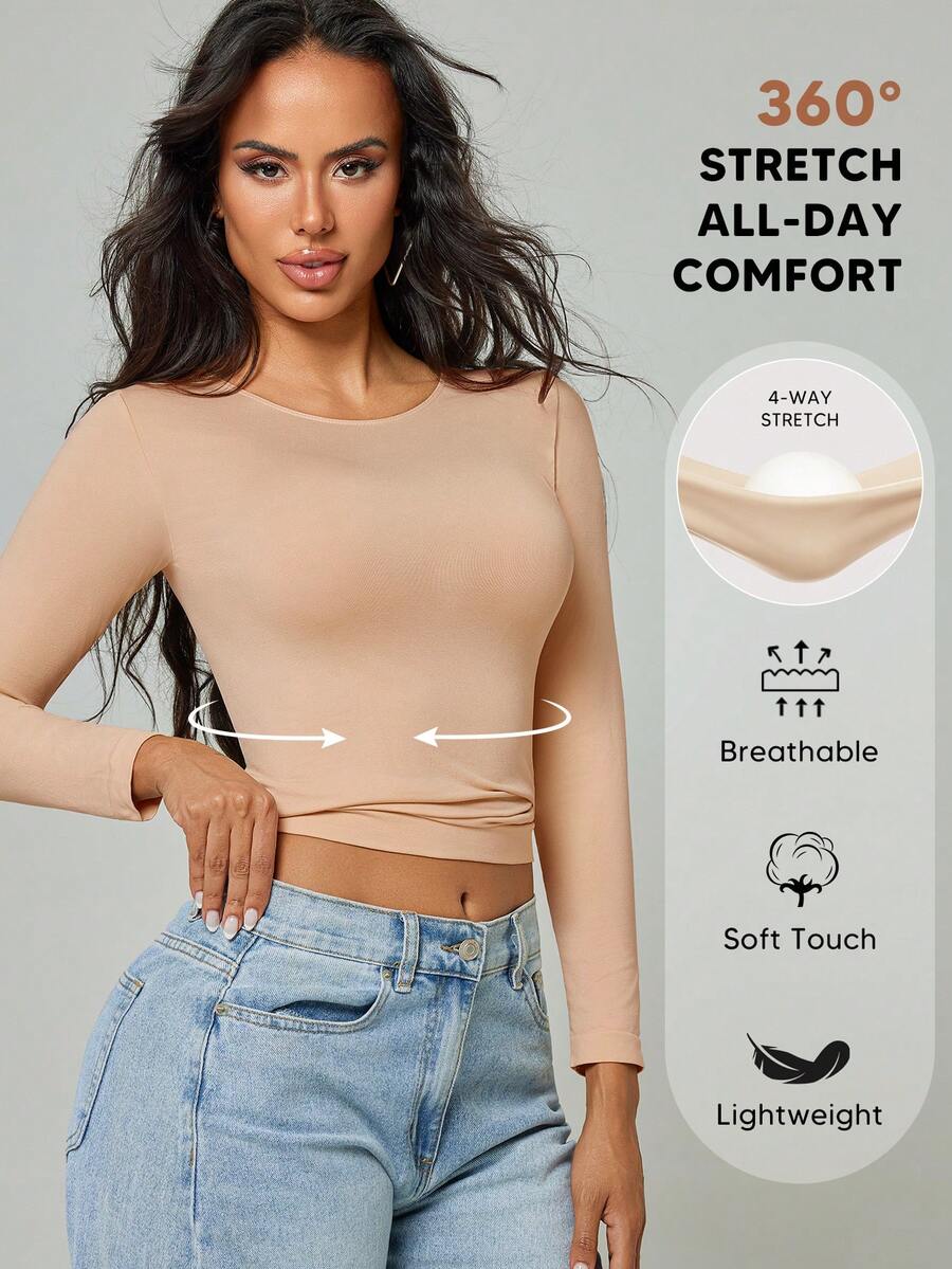 Women's Round Neck Long Sleeve T-Shirt High Stretch Fabric For Light Compression And Tummy Control Regular Length Casual Spring - Apricot - View 1
