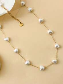 Mazuer 1件法式优雅仿珍珠心形吊坠项链，18K镀金不锈钢颈链，女士度假、约会、日常佩戴礼物 - 愛心 - 查看 5