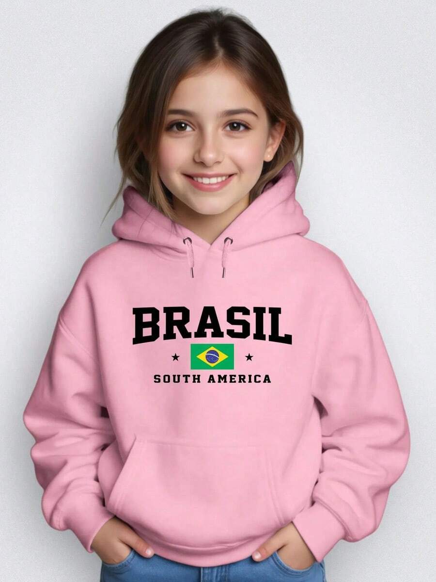 Kids' Kangaroo Hoodie Sweatshirt For Winter, Brazil, South Am, School, Shopping, Leisure, Boys And Girls, Premium Thermal, Comfortable Clothing - Rosa - 查看 1