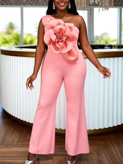 Elegant Women's Pink Off-Shoulder Fitted Jumpsuit With 3D Floral Palazzo Leg, Suitable For Cocktail Parties, Wedding Guests And Special Occasions