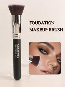 1pc Premium Foundation Brush, Suitable For All Skin Types, Durable Lacquered Wooden Handle, Electroplated Copper Tube Makeup Brush - Black - View 1
