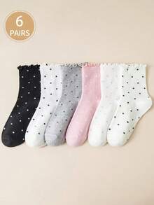 6pairs Ruffle Edge Polka Dot Cute Student White Sport Crew Socks, Autumn/Winter, Fall - Multicolor - View 8