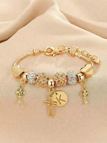 1pc 26 Letter, Heart, Cross, Flower Beaded Bracelet, Fashionable Youth Keychain, Cross Pendant Bracelet - Multicolor - View 42