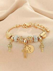 1pc 26 Letter, Heart, Cross, Flower Beaded Bracelet, Fashionable Youth Keychain, Cross Pendant Bracelet - Multicolor - View 19
