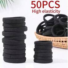 50pcs Black Simple Plain Color Elastic Hair Tie, 50pcs Summer Daily Black Elastic Hair Accessory For Women, Minimalist Ponytail Holder, Hairstyles Ideas, Rubber Band, Hair Accessories Set - 50個黑色 - 查看 10