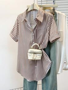 Women's Classic Striped Short Sleeve Shirt, With Collar, Front Button, Pocket, Suitable For Casual Office, Work And Everyday Wear In Spring And Summer - Coffee Brown Short-sleeved Shirt - View 7