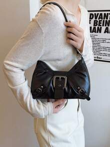 大容量褶皱腋下包，新款美式复古通勤单肩包，时尚机车风斜挎包 - 黑色 - 查看 5