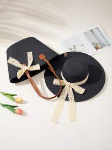 1顶蕾丝装饰遮阳帽 + 1个手提包 - 黑色 - 查看 2