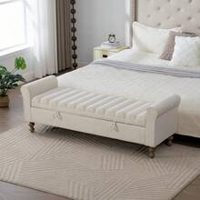 Banco de almacenamiento moderno tapizado de 65.75" de ancho con doble tapa, taburete de tela afelpada con reposabrazos enrollados, banco tipo diván con patas de madera de caucho para sala de estar, entrada, dormitorio, dormitorio universitario, color beige RR - Beige + Polar - Ver 2