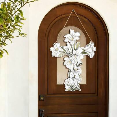 1 chiếc thánh giá bằng gỗ nhân tạo kiểu mộc mạc trang trí tường hình hoa ly Phục Sinh - Vòng hoa trang trí Chúa Giê-su với họa tiết hoa ly, thích hợp cho nhà cửa, nhà thờ, hiên nhà vào mùa xuân - Trang trí Chủ nhật Phục Sinh, không cần điện.