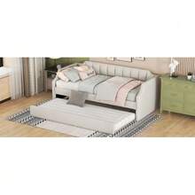 Daybed 90 X 200 (190) Cm, Single Upholstered Daybed With Pull-Out Bed, Beige - White - View 7